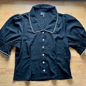 Black Button-Up Blouse with Scalloped White Trim